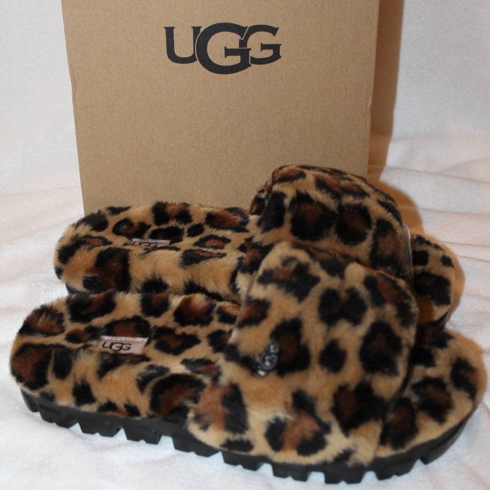 UGG Leopard Print Fluff Slide Slippers - Brown/Black